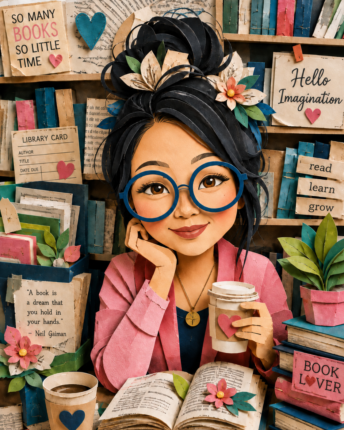 Paper-cut style illustrated portrait of author and school librarian Clara Wallace surrounded by books