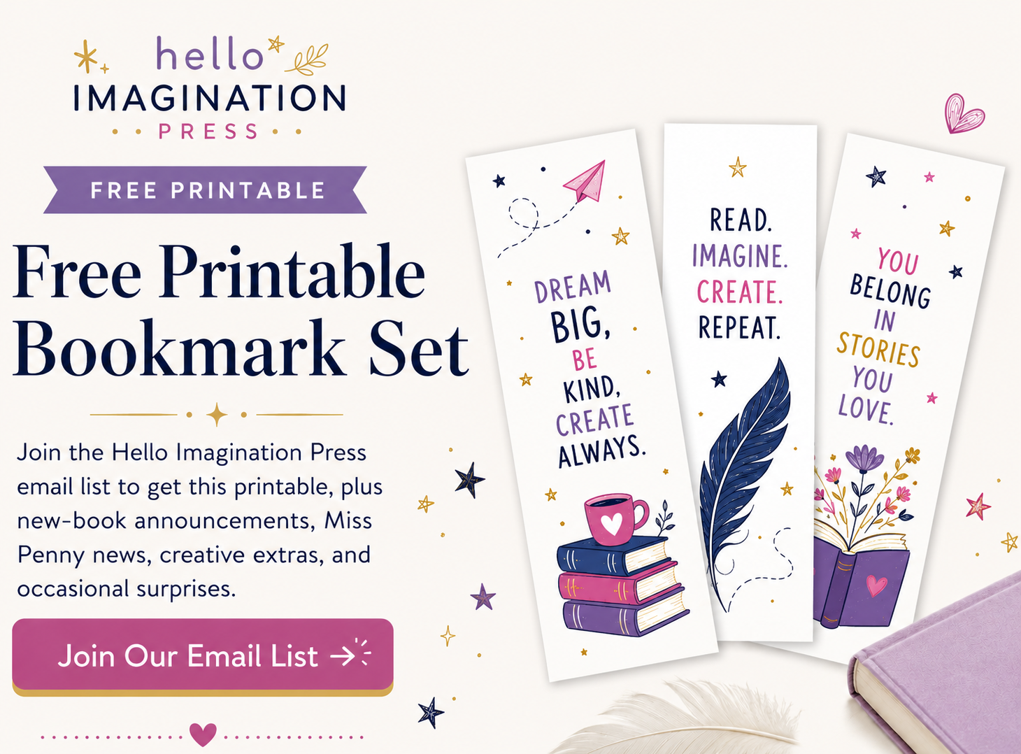 Hello Imagination Press free printable bookmark set preview