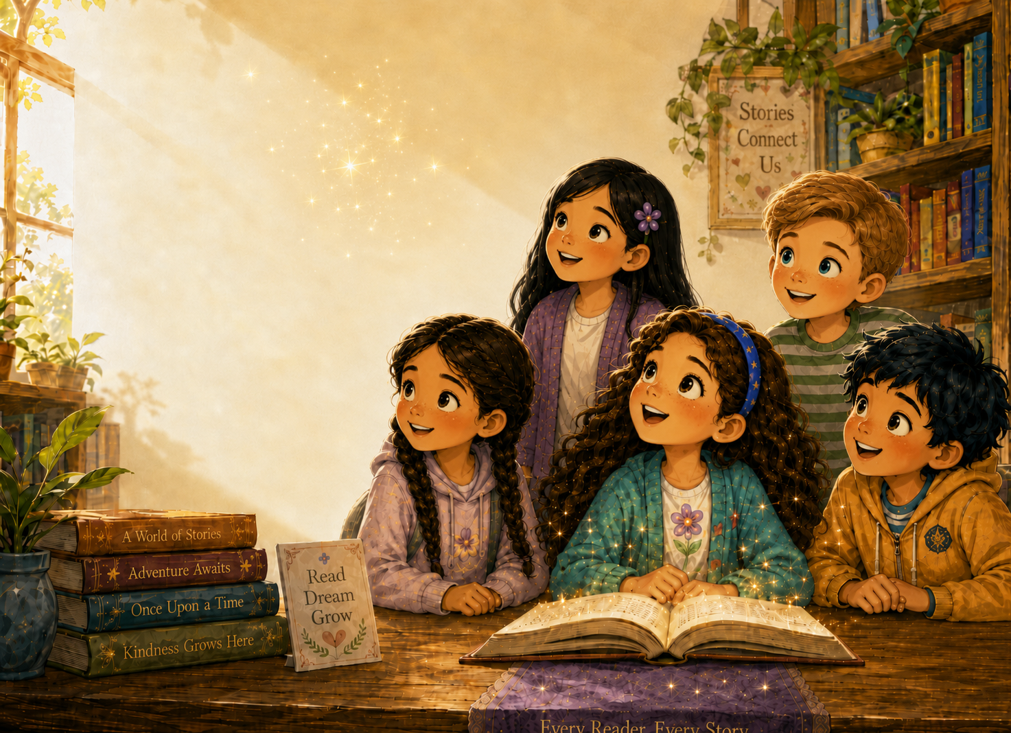 A diverse group of five friends gathered around an open book in a bright library