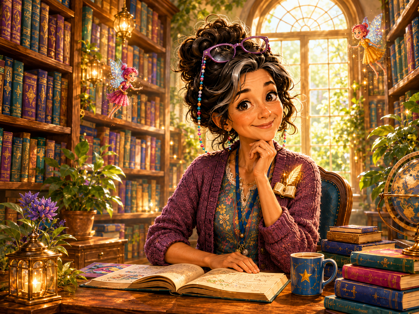 Miss Penny in her warmly lit library with tiny Book Fairies nearby