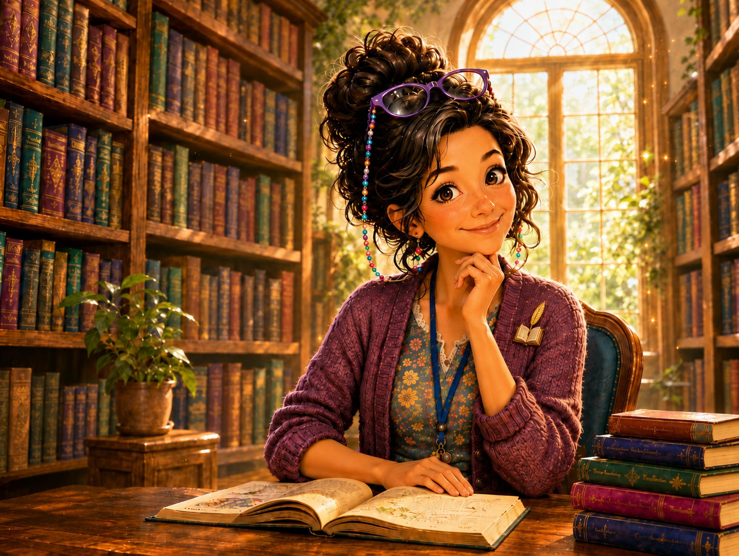 Miss Penny smiling in her bright, sunlit library